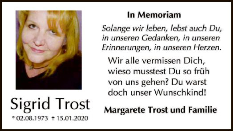  Traueranzeige für Sigrid Trost vom 15.01.2021 aus OF