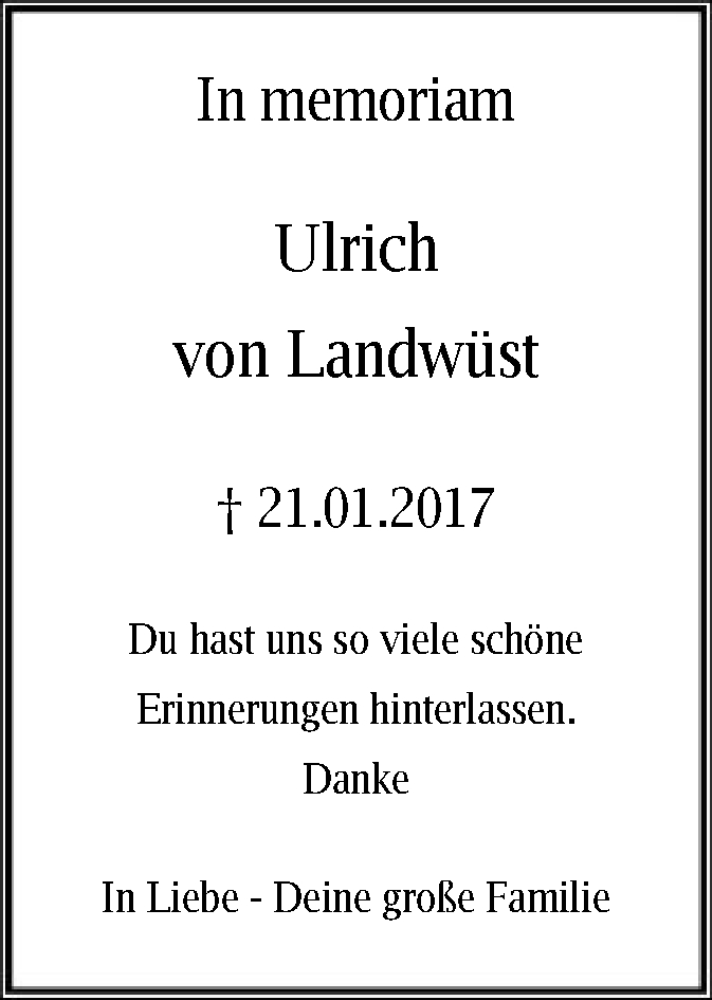  Traueranzeige für Ulrich von Landwüst vom 21.01.2021 aus OF