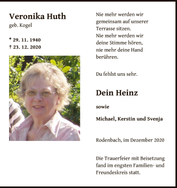 Traueranzeige von Veronika Huth von OF