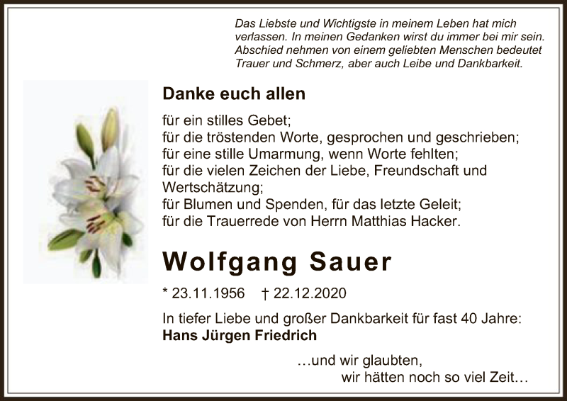  Traueranzeige für Wolfgang Sauer vom 16.01.2021 aus OF