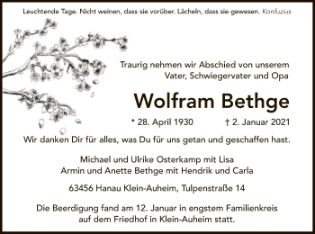 Traueranzeige von Wolfram Bethge von OF