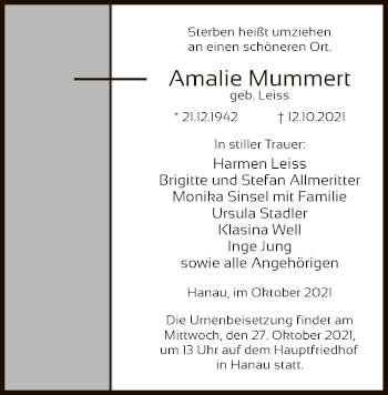 Traueranzeige von Amalie Mummert von OF