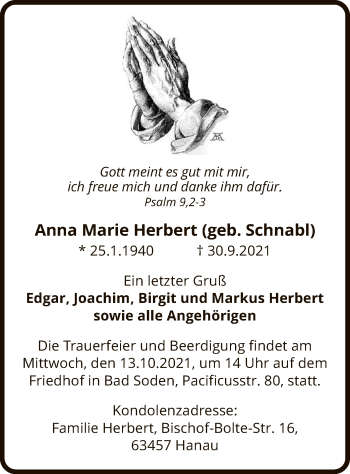 Traueranzeige von Anna Marie Herbert von OF