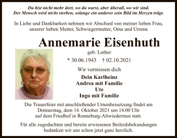 Traueranzeige von Annemarie Eisenhuth von OF