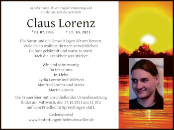 Traueranzeige von Claus Lorenz von OF