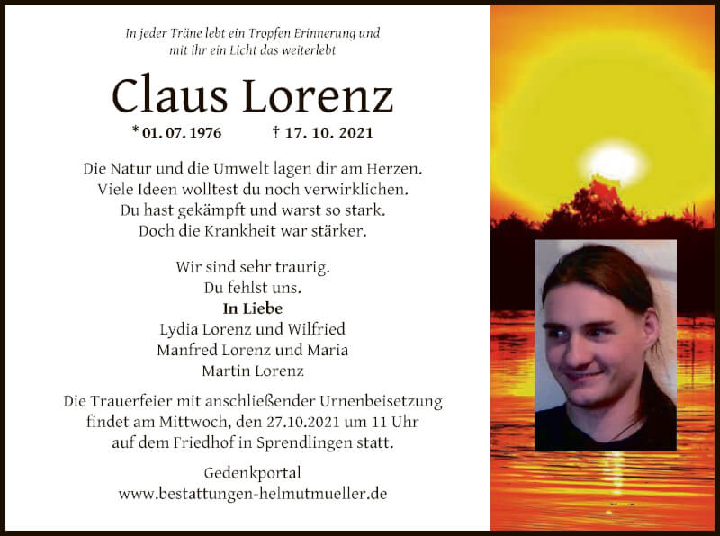  Traueranzeige für Claus Lorenz vom 23.10.2021 aus OF