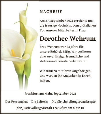 Traueranzeige von Dorothee Wehrum von OF