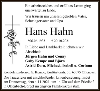 Traueranzeige von Hans Hahn von OF