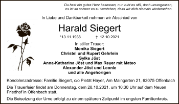 Traueranzeige von Harald Siegert von OF