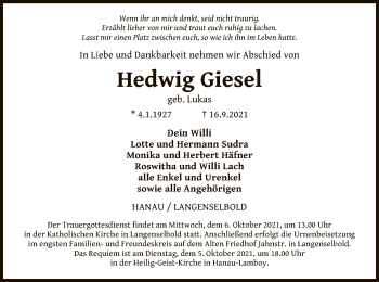 Traueranzeige von Hedwig Giesel von OF