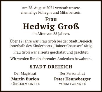 Traueranzeige von Hedwig Groß von OF