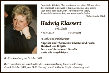 Traueranzeige von Hedwig Klassert von OF