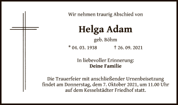 Traueranzeige von Helga Adam von OF