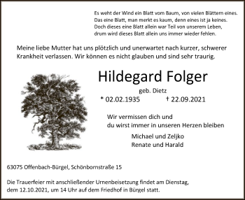 Traueranzeige von Hildegard Folger von OF