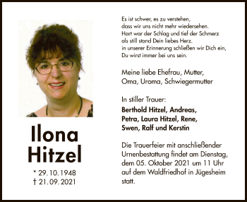 Traueranzeige von Ilona Hitzel von OF