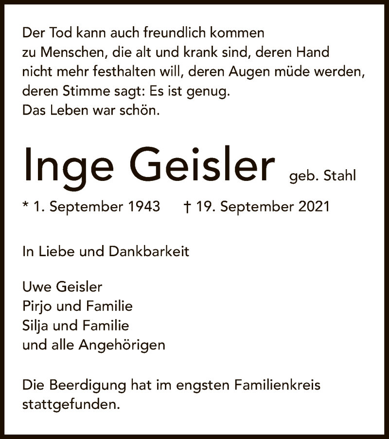  Traueranzeige für Inge Geisler vom 02.10.2021 aus OF