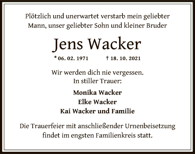  Traueranzeige für Jens Wacker vom 30.10.2021 aus OF
