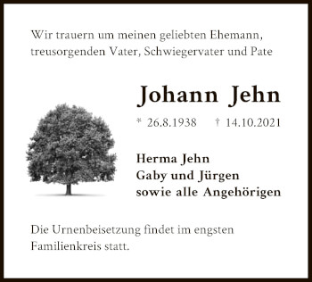 Traueranzeige von Johann Jehn von OF