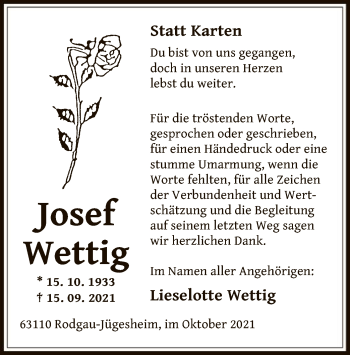 Traueranzeige von Josef Wettig von OF