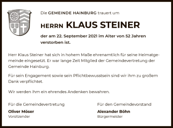 Traueranzeige von Klaus Steiner von OF