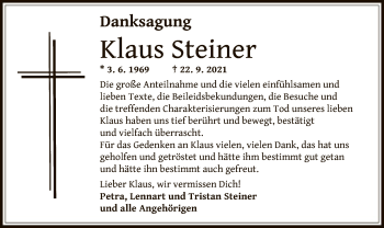 Traueranzeige von Klaus Steiner von OF