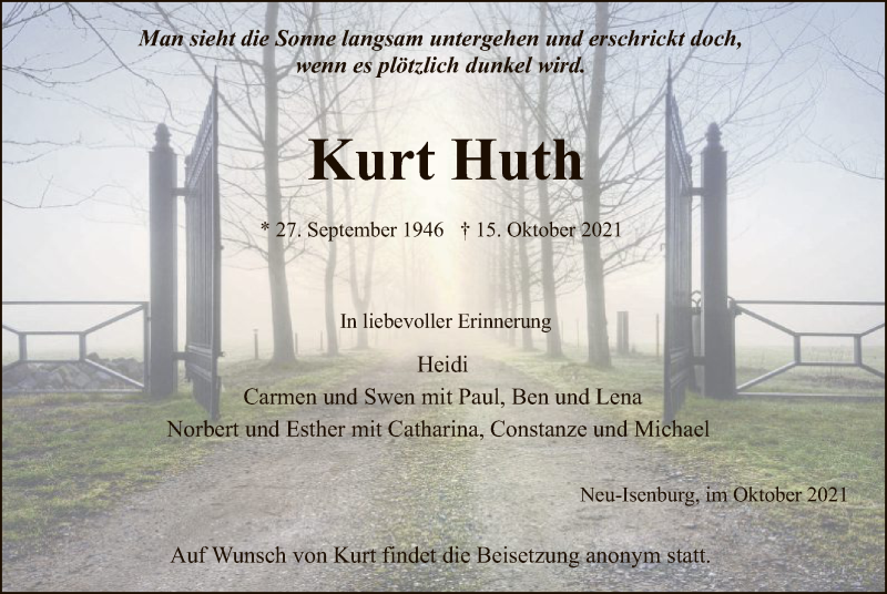  Traueranzeige für Kurt Huth vom 21.10.2021 aus OF
