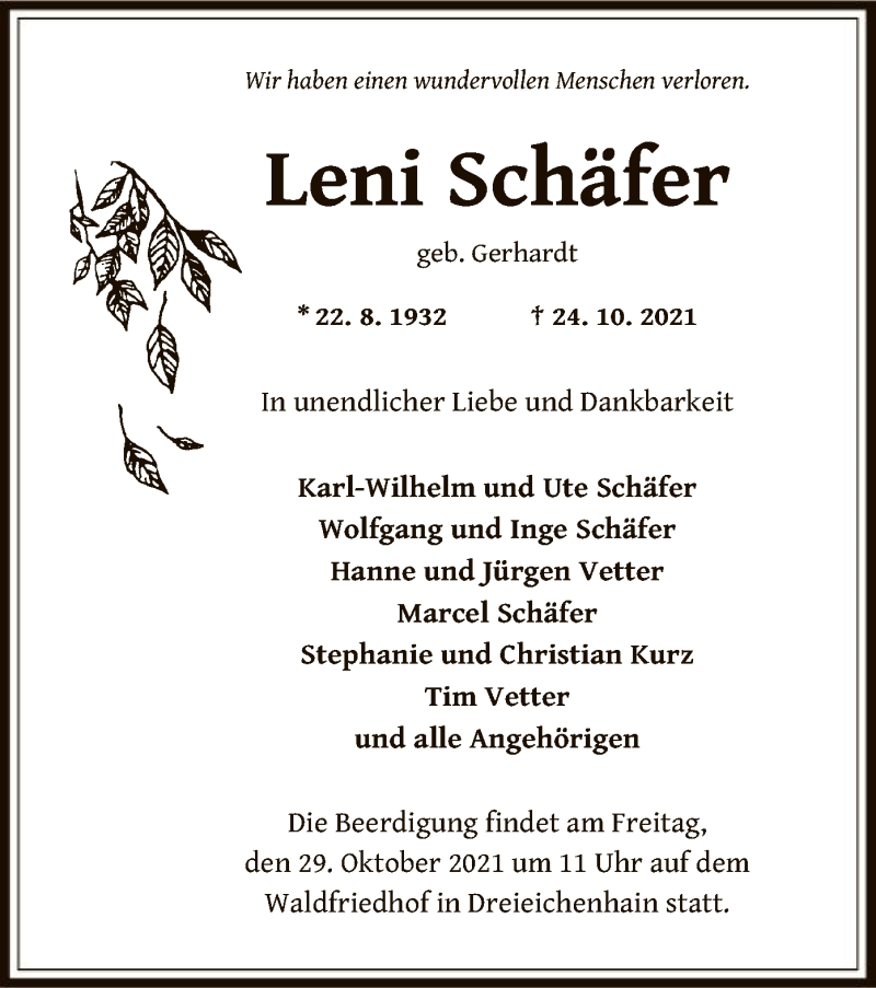  Traueranzeige für Leni Schäfer vom 28.10.2021 aus OF