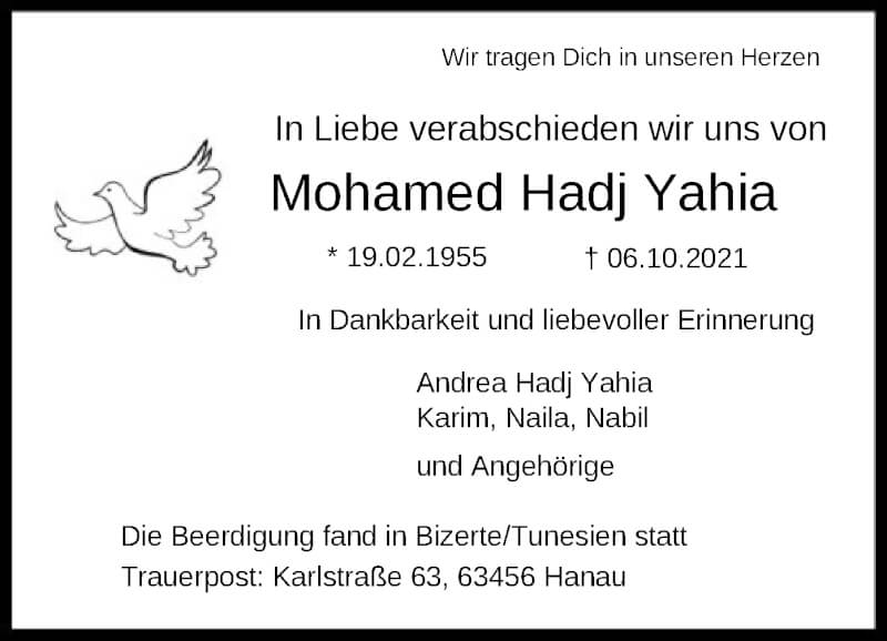 Traueranzeigen von Mohamed Hadj Yahia | trauer.op-online.de