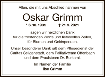 Traueranzeige von Oskar Grimm von OF