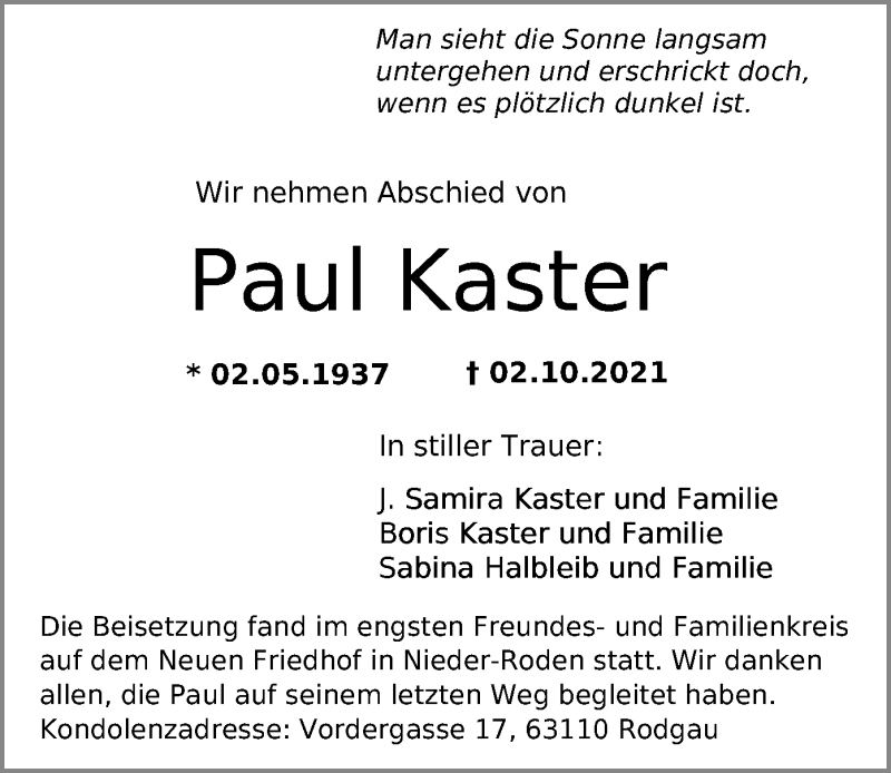  Traueranzeige für Paul Kaster vom 16.10.2021 aus OF