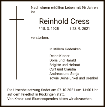 Traueranzeige von Reinhold Cress von OF