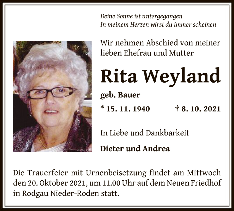  Traueranzeige für Rita Weyland vom 13.10.2021 aus OF