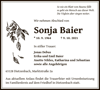 Traueranzeige von Sonja Baier von OF