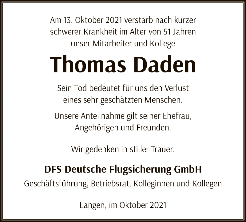  Traueranzeige für Thomas Daden vom 21.10.2021 aus OF