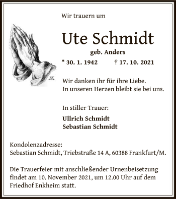 Traueranzeige von Ute Schmidt von OF