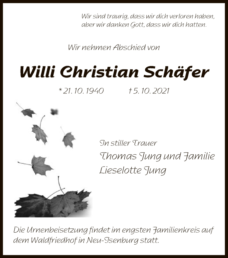  Traueranzeige für Willi Christian Schäfer vom 21.10.2021 aus OF