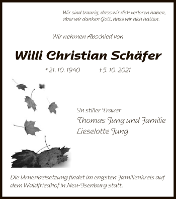 Traueranzeige von Willi Christian Schäfer von OF