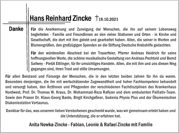 Traueranzeige von Hans Reinhard Zincke von OF