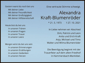 Traueranzeige von Alexandra Kraft-Blumenröder von OF