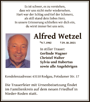 Traueranzeige von Alfred Wetzel von OF