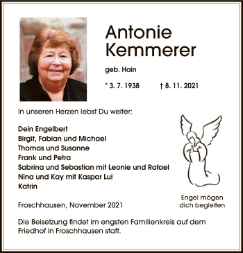 Traueranzeige von Antonie Kemmerer von OF