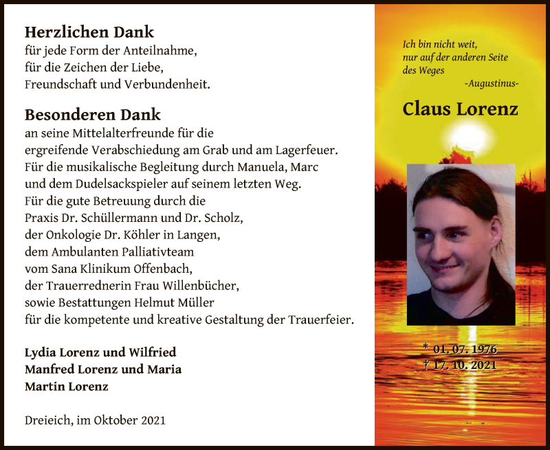  Traueranzeige für Claus Lorenz vom 06.11.2021 aus OF