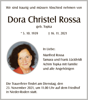 Traueranzeige von Dora Christel Rossa von OF