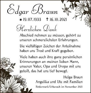 Traueranzeige von Edgar Braun von OF