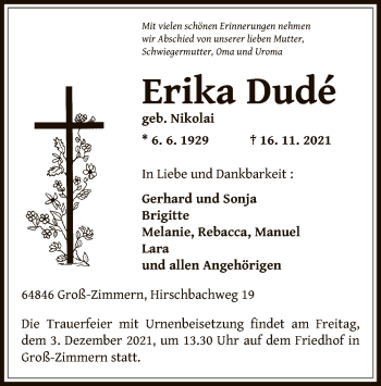 Traueranzeige von Erika Dudé von OF