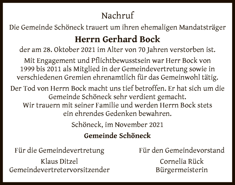  Traueranzeige für Gerhard Bock vom 06.11.2021 aus OF