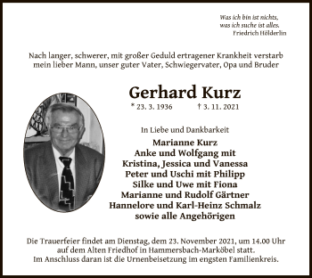 Traueranzeige von Gerhard Kurz von OF