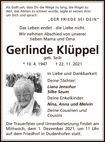 Traueranzeige von Gerlinde Klüppel von OF