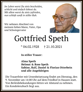 Traueranzeige von Gottfried Speth von OF