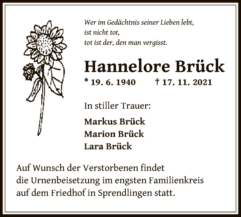  Traueranzeige für Hannelore Brück vom 25.11.2021 aus OF
